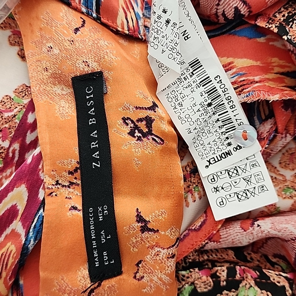 ZARA Paisley Tunic Top L Satin Blouse Orange Long Shirt Boho Convertible Sleeves - Picture 6 of 15